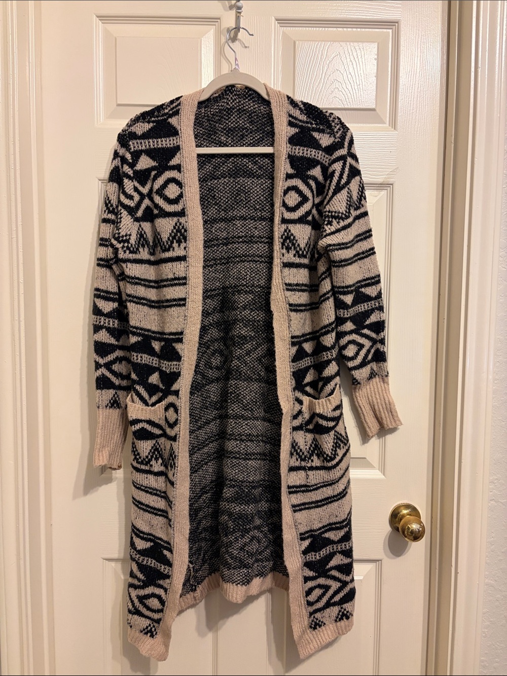 Beige and Black Open Front Aztec Knit Cardigan Sweater